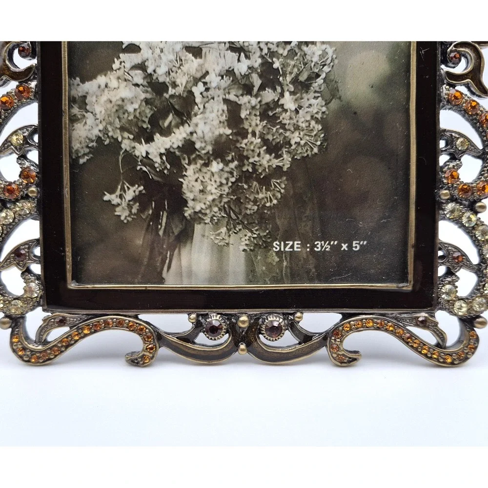 Tizo Jeweled Metal Picture Frame Amber & Champagne Crystal Ornate Baroque 5x7.5
